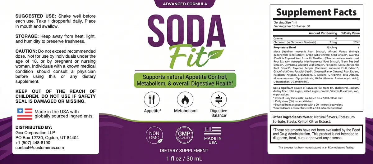 The SodaFit supplement facts panel as printed on the bottle